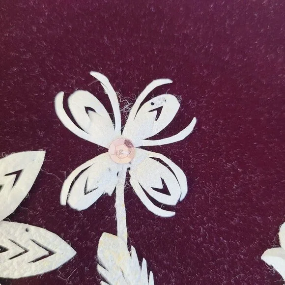 Handcrafted Floral Applique On Deep Burgundy Velvet 1970's White Petals Sequence - Picture 8 of 11